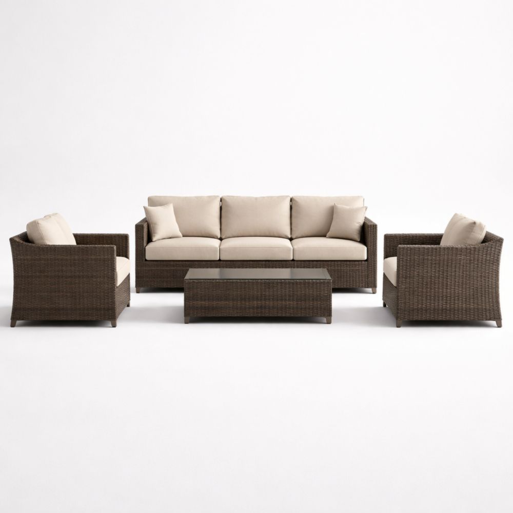 Ensemble de salon de jardin en résine tressée avec coussins beiges et table basse en verre