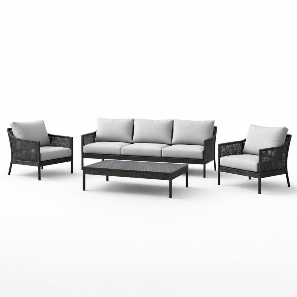 Ensemble de Salon Extérieur en Résine Tressée et Acier Noir avec Coussins Gris