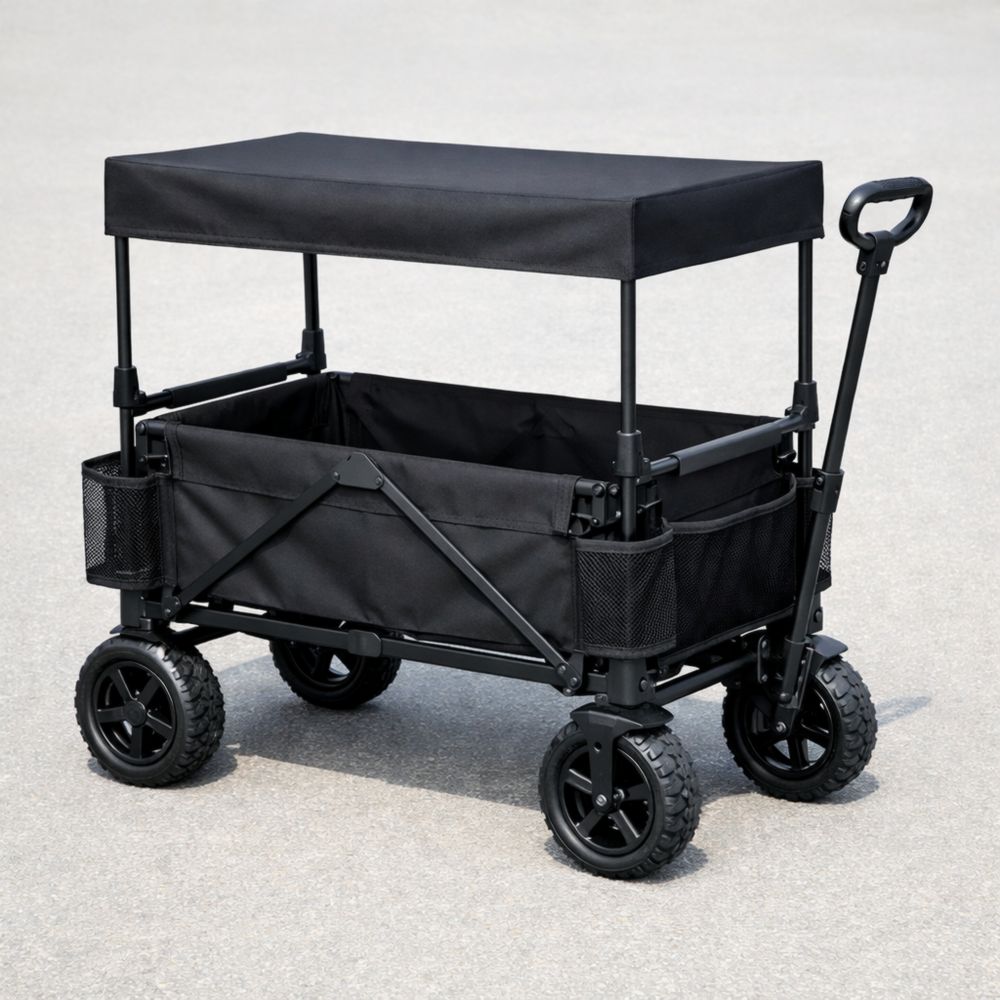 Chariot de Transport Noir en Métal et Polyester avec Toit Amovible