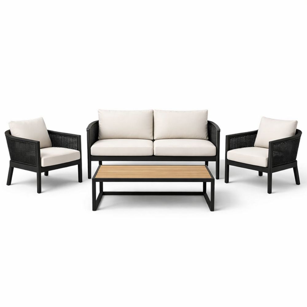 Ensemble de salon de jardin en aluminium et polyrotin avec table en bois - Beige et Noir