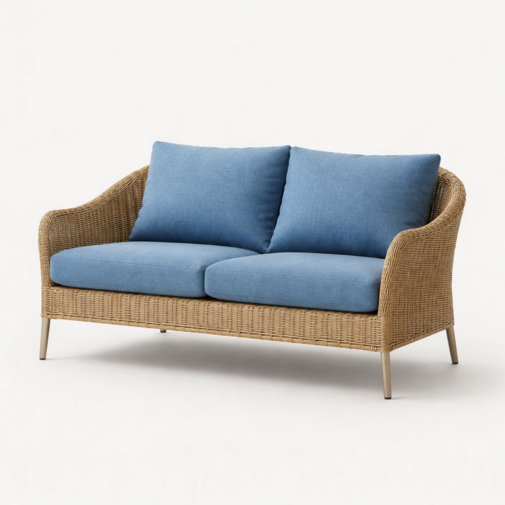 Canapé 2 places en rotin avec coussins bleu
