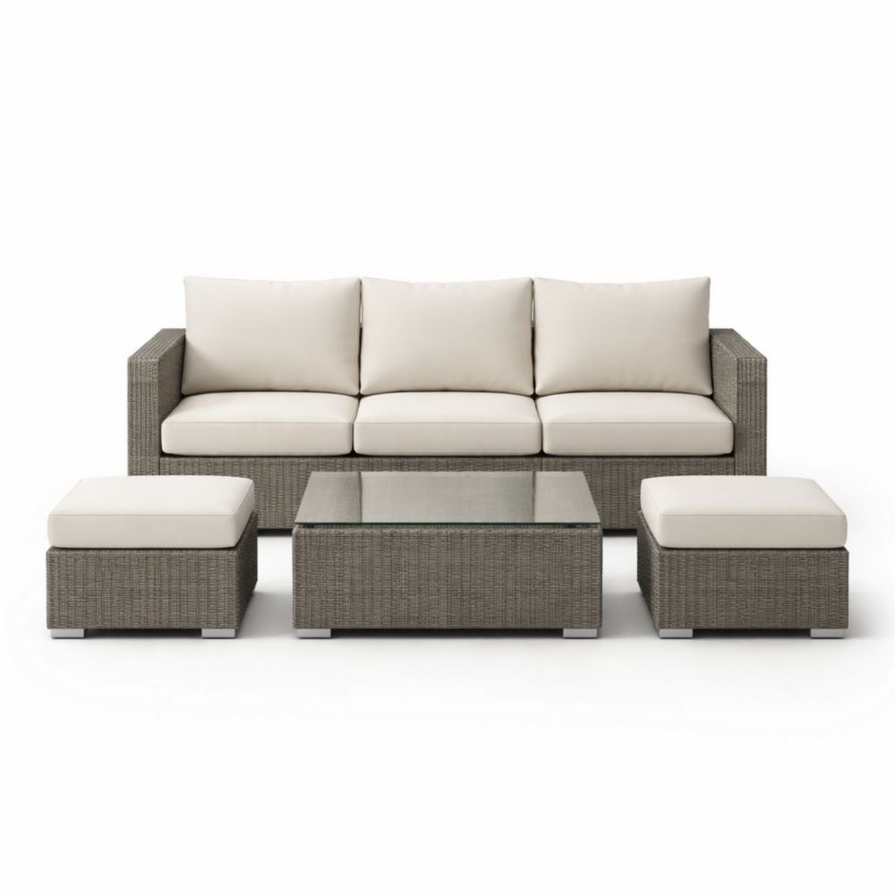 Salon de jardin en résine tressée gris avec coussins en polyester et table en verre trempé