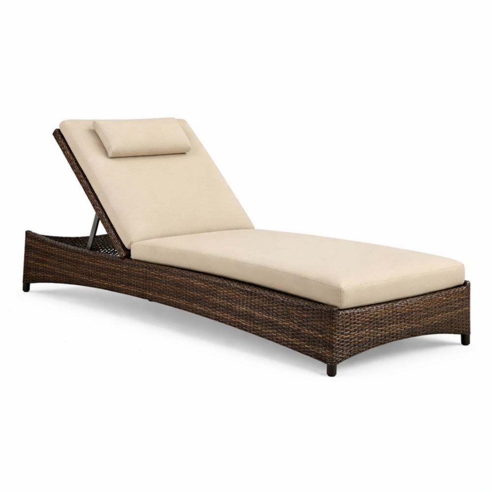 Chaise longue en résine tressée brun avec coussin beige