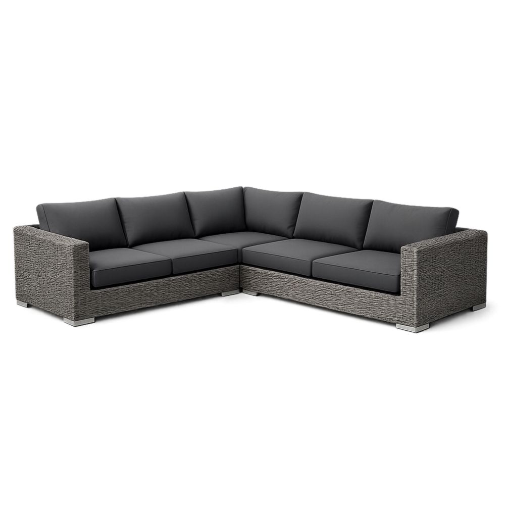 Canapé d'angle en résine tressée avec coussins gris