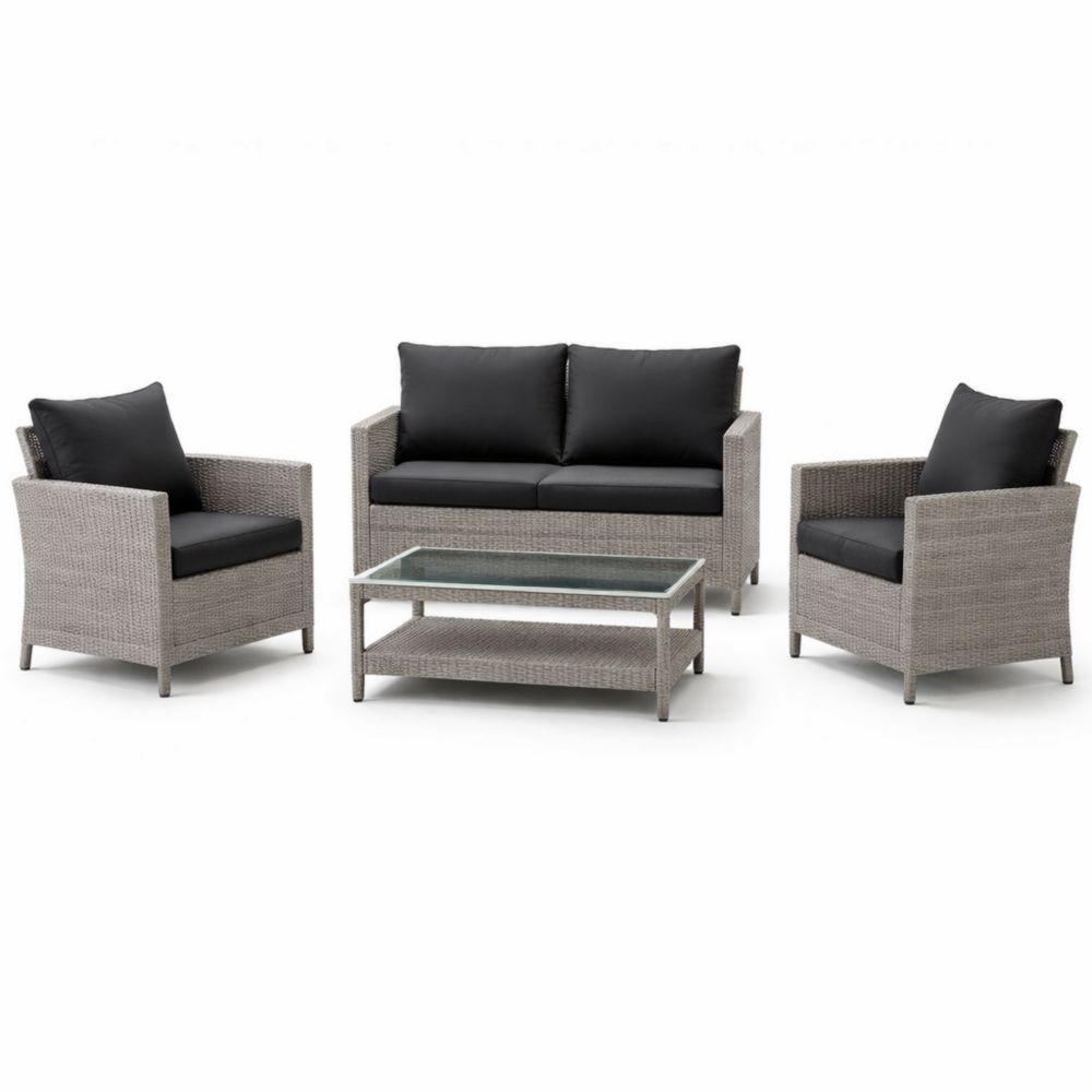 Ensemble de meubles de jardin en rotin avec coussins noirs