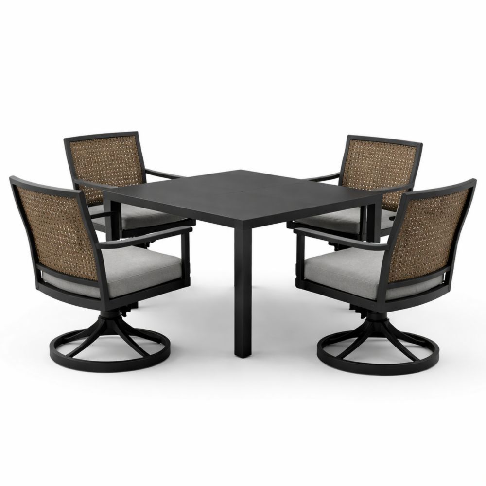 Table carrée en aluminium noir et 4 fauteuils avec dossier en résine tressée