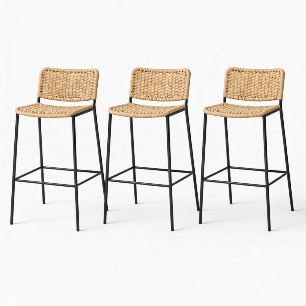 Lot de 3 Tabourets de Bar en Métal et Rotin Synthétique Beige