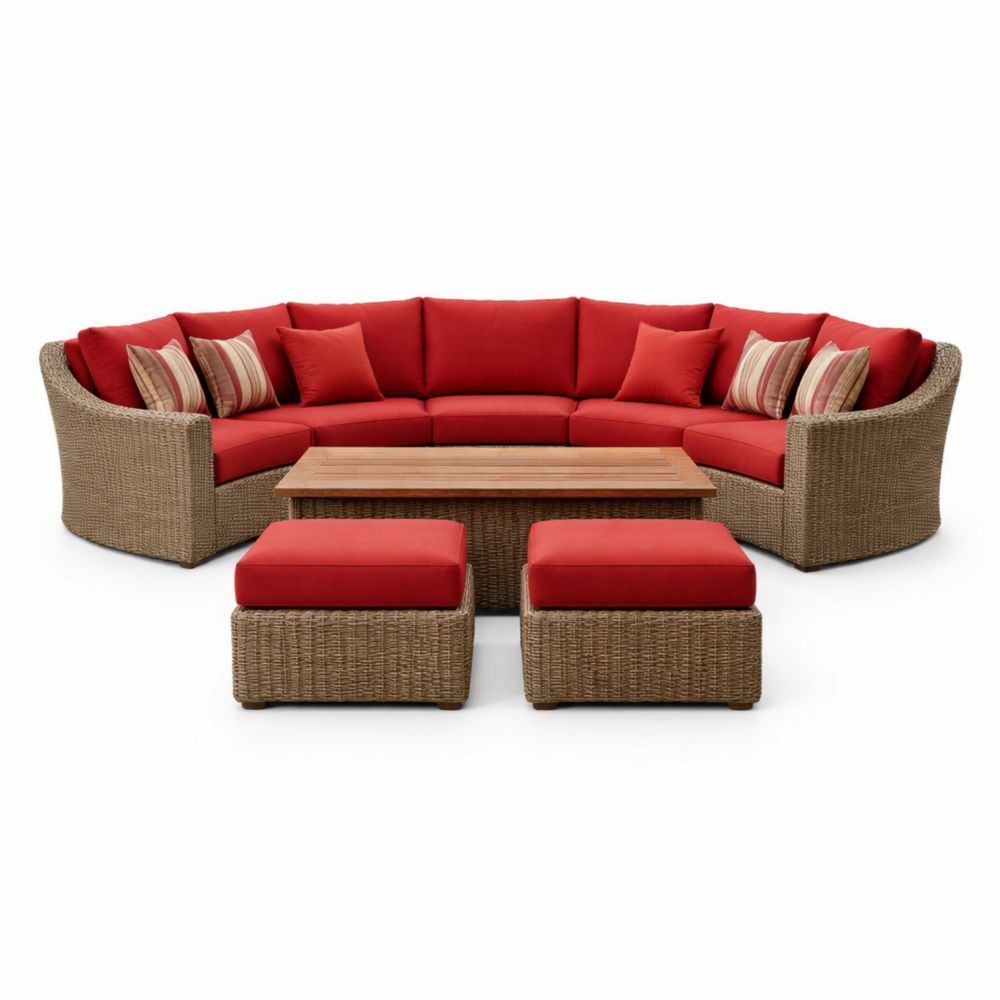 Ensemble de Salon d'Extérieur en Rotin et Acacia avec Coussins Rouge