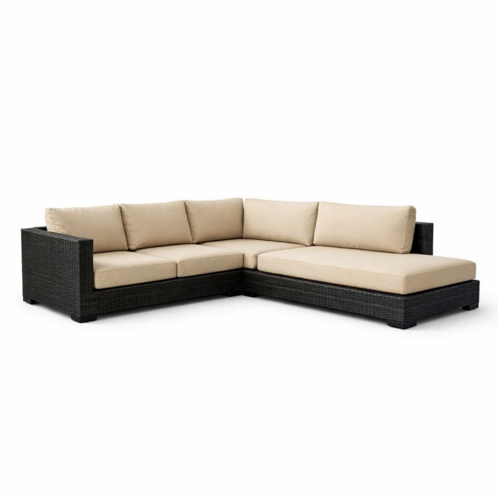 Canapé d'angle en résine tressée noir, coussins beige 280x200x70 cm