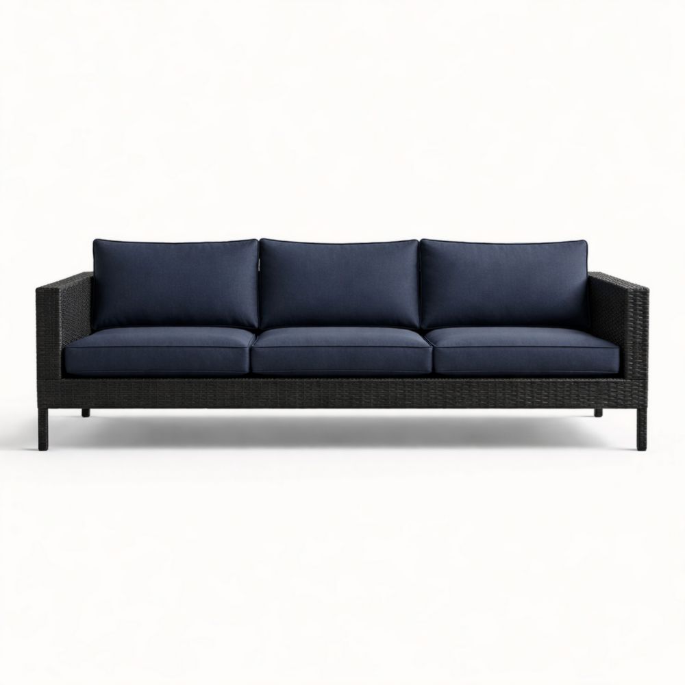 Canapé d'extérieur trois places en rotin noir coussins en tissu bleu
