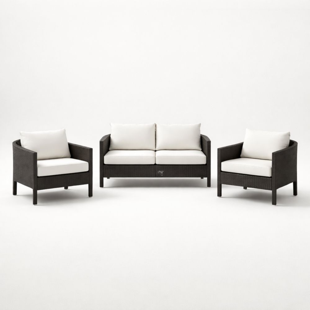 Ensemble de Salon de Jardin en Résine Tressée Noir avec Coussins Crème