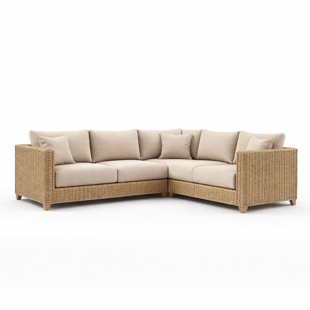 Canapé d'angle en rotin avec coussins en polyester beige