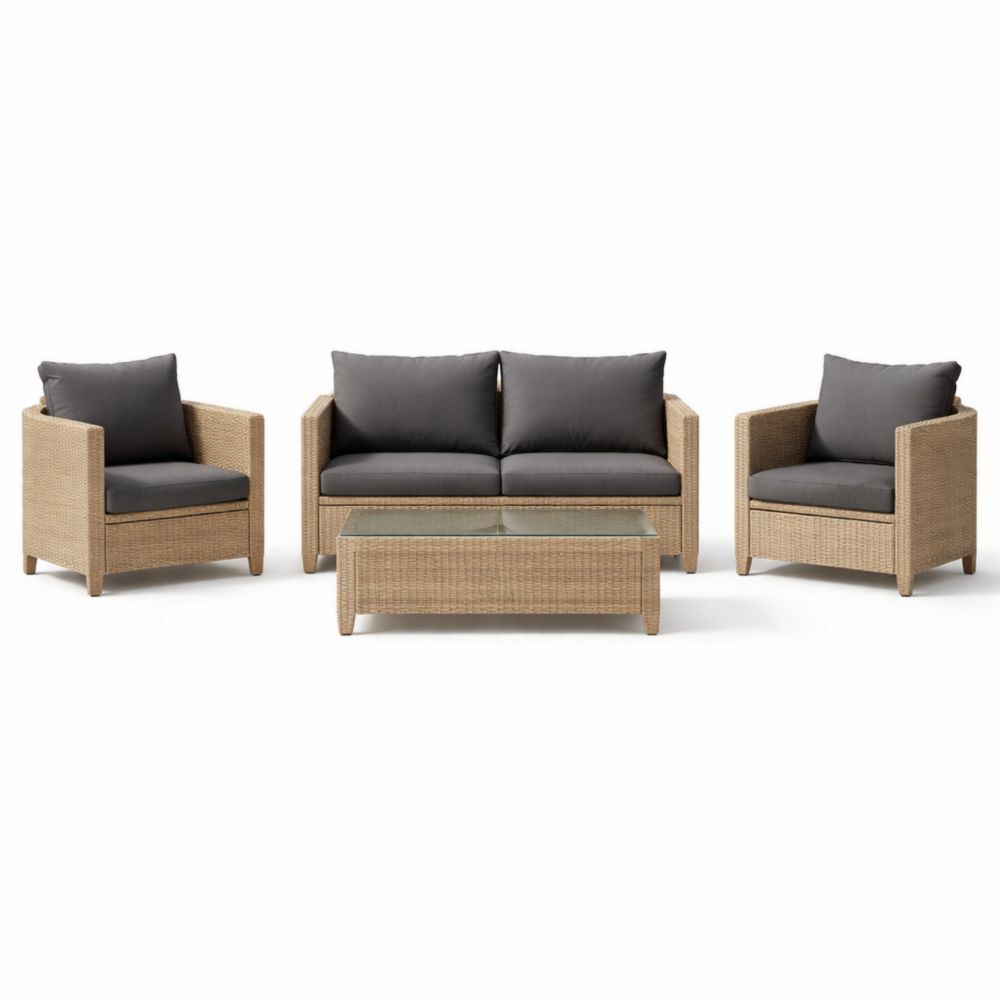 Ensemble de Mobilier de Jardin en Résine et Verre, Beige et Gris