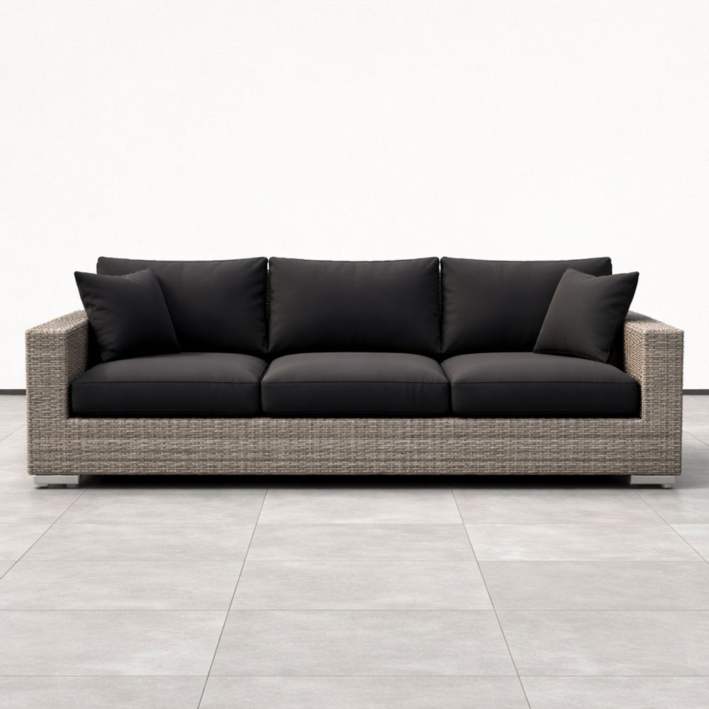 Canapé d'Extérieur en Rotin Tressé avec Coussins Noir