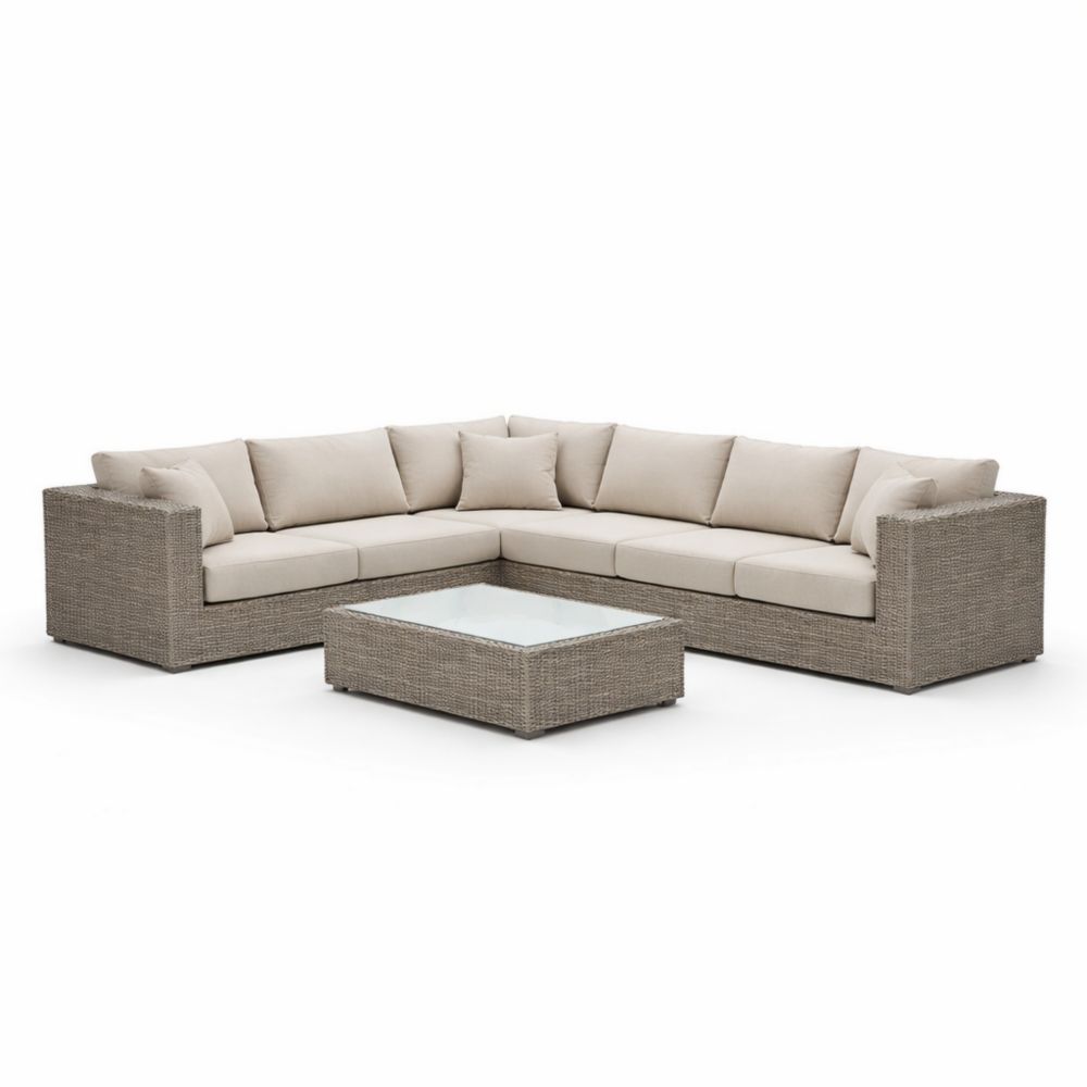 Set de Canapé d'Angle en Résine Tressée avec Table et Coussins Beige