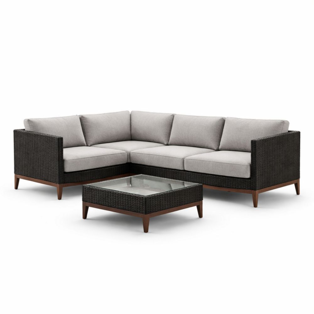 Canapé d'Angle en Résine Tressée avec Table en Verre