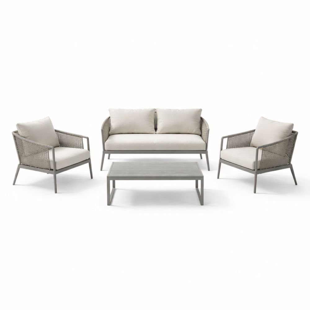 Salon de Jardin en Aluminium et Corde Beige avec Canapé Deux Fauteuils et Table Basse