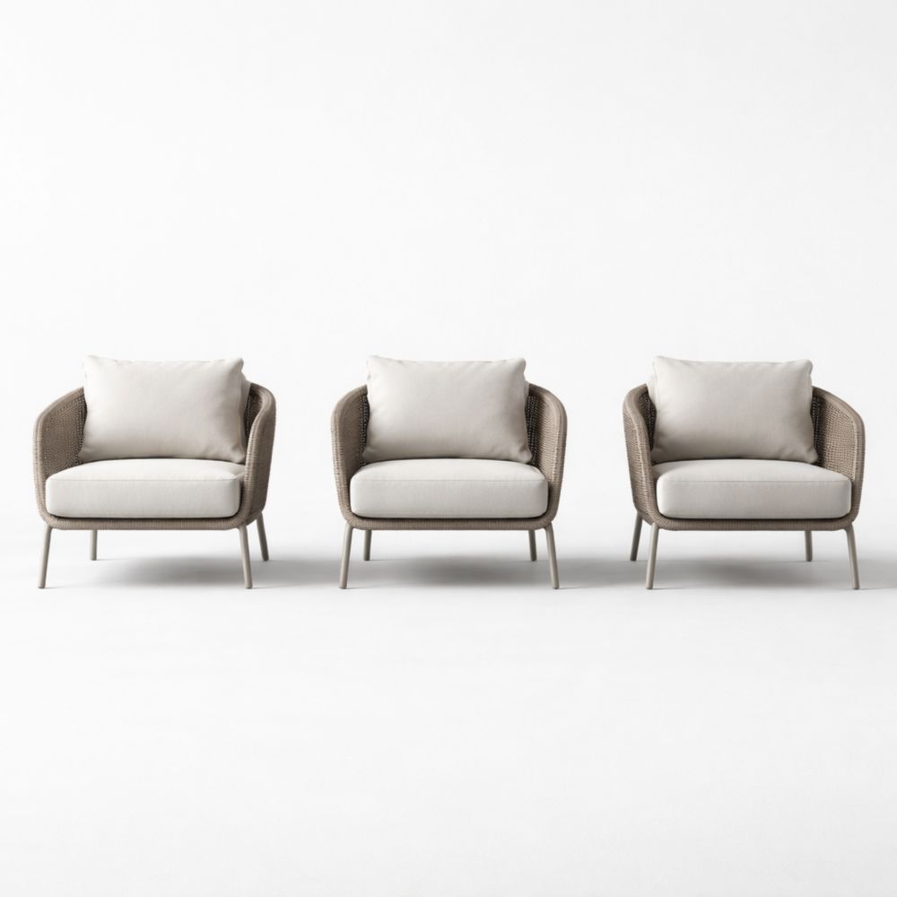 Ensemble de 3 Fauteuils en Métal et Rotin avec Coussins Beige