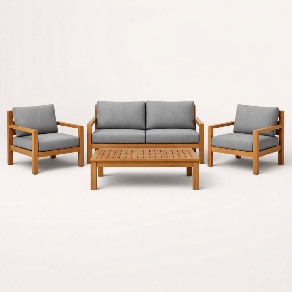 Salon de Jardin en Bois avec Coussins Gris