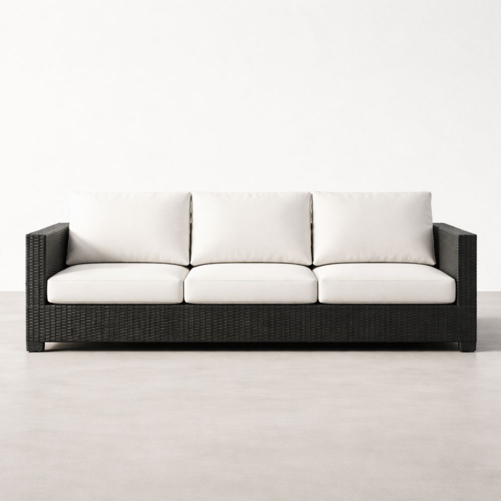 Canapé 3 Places Rotin Synthétique Noir avec Coussins Blancs