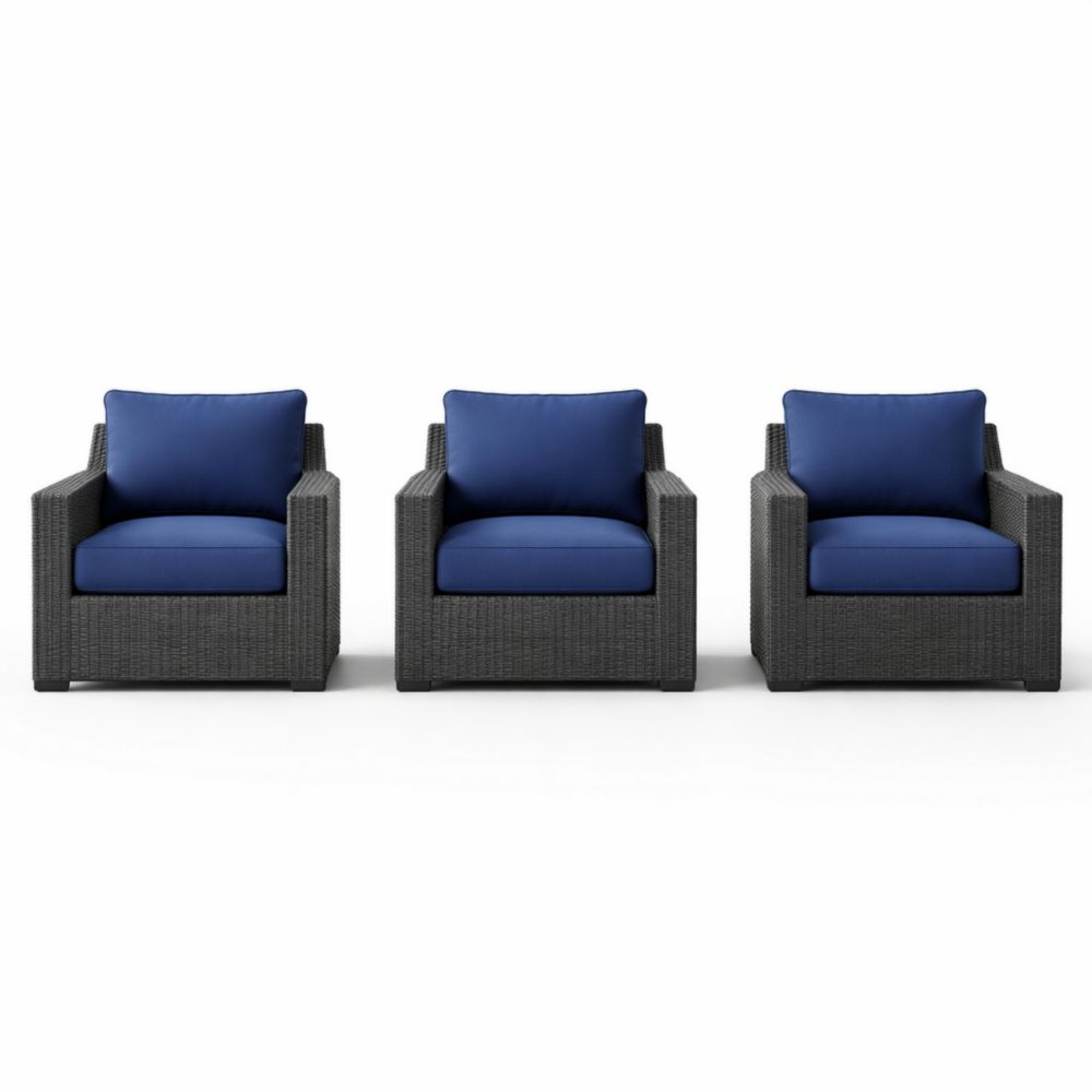 Ensemble de 3 fauteuils en résine tressée avec coussins bleu
