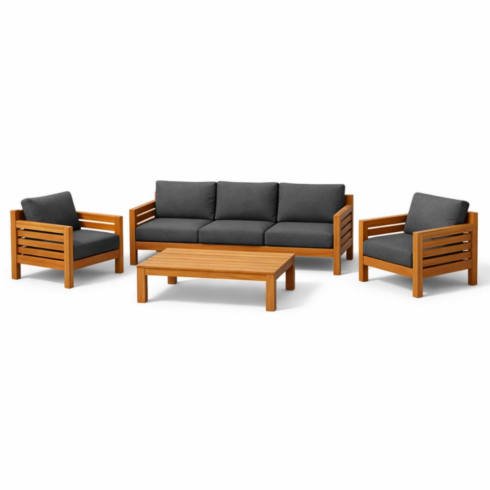 Ensemble de salon en bois avec coussins en polyester gris