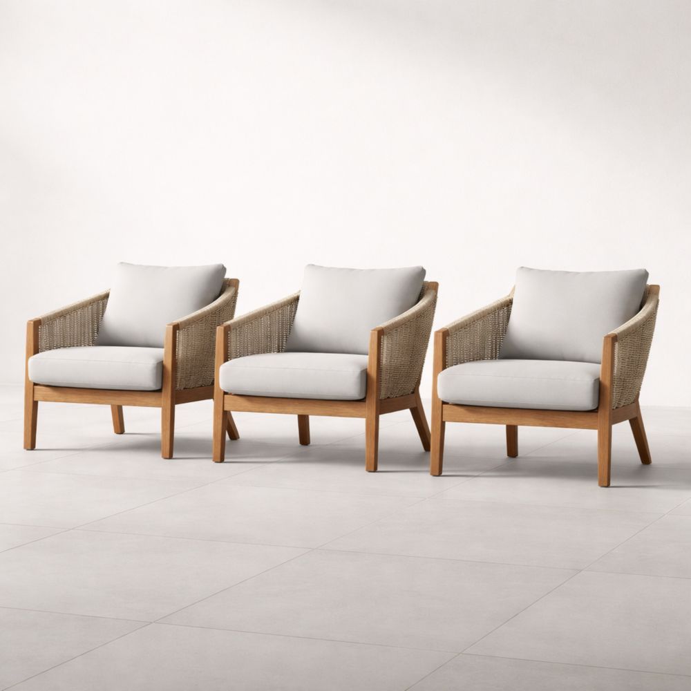 Set de 3 Fauteuils en Rotin avec Structure en Bois et Coussins Amovibles