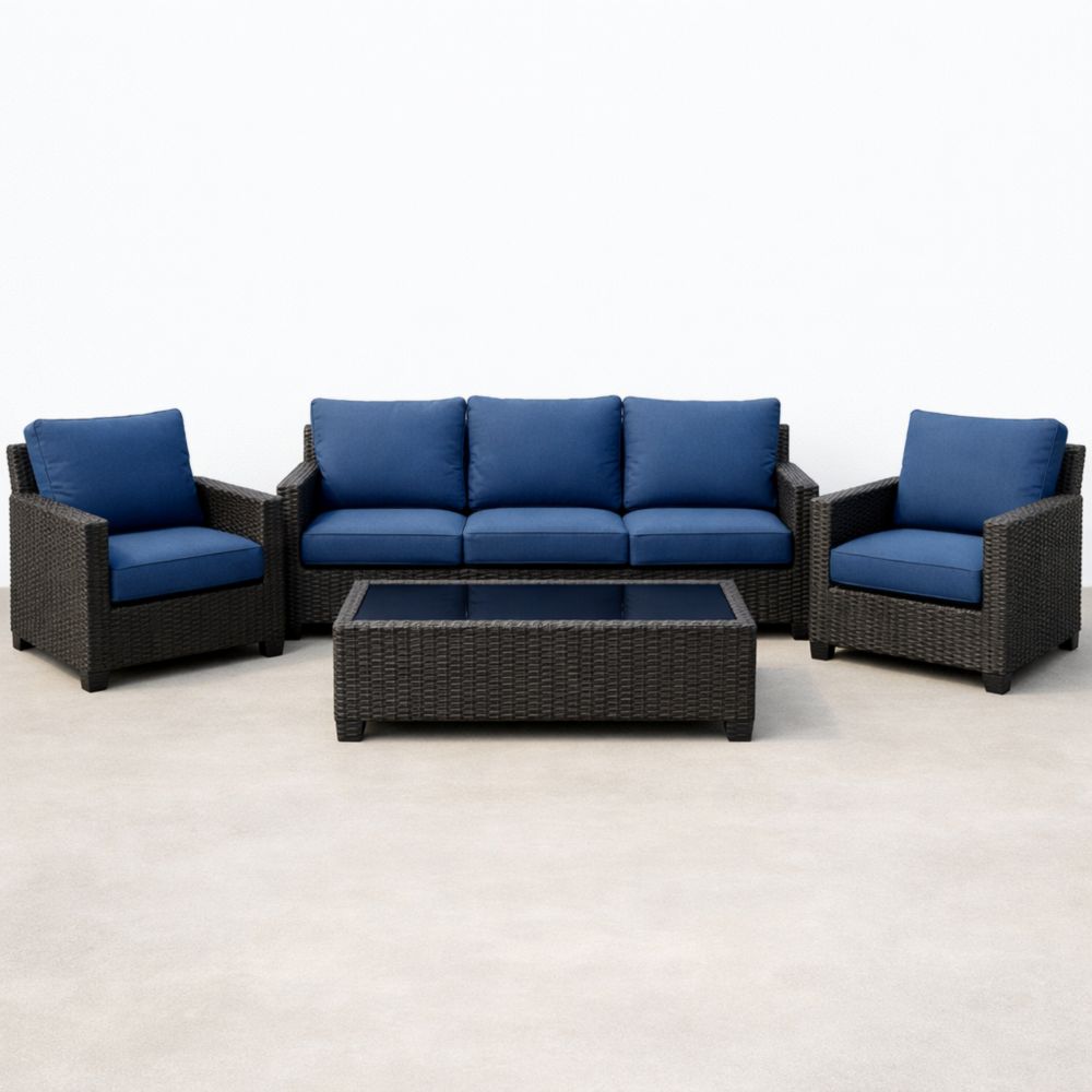 Ensemble de Salon de Jardin en Résine Tressée avec Coussins en Polyester Bleu