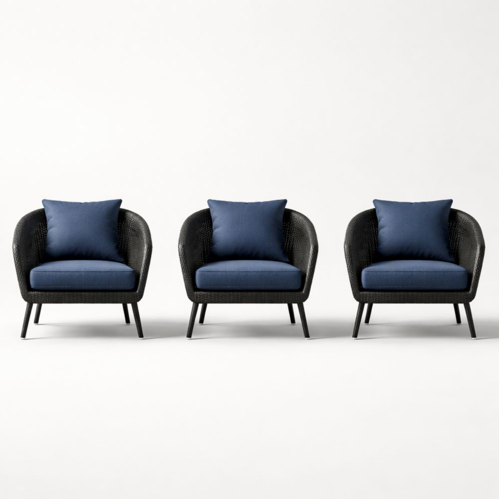 Ensemble de 3 fauteuils en résine avec coussins bleus