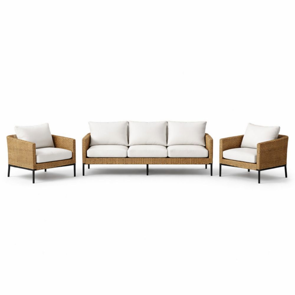 Ensemble de Salon en Rotin avec Coussins Blancs