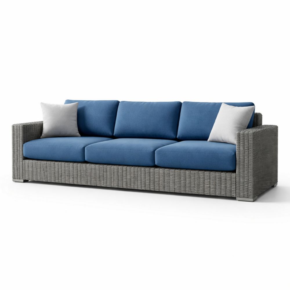 Canapé 3 places en rotin et coussins en polyester bleu et gris