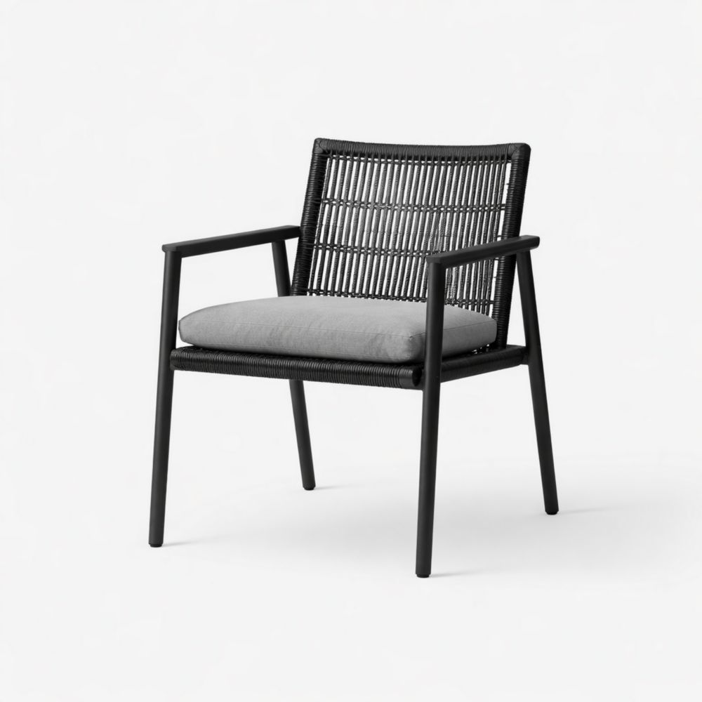 Fauteuil en acier et corde noir avec coussin gris