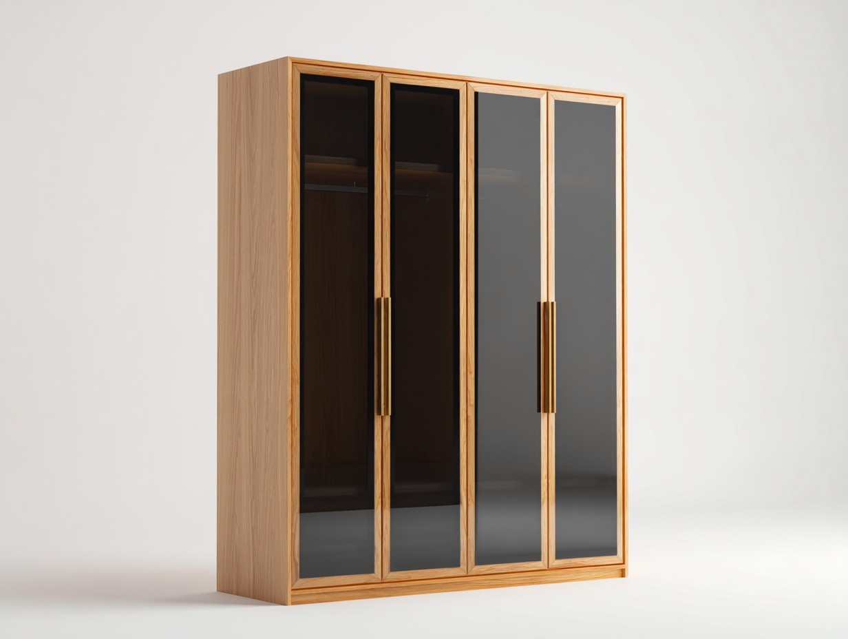 Armoire 4 portes en bois et verre pour chambre 200x60x210 cm - bois naturel - noir - design moderne avec rangement intégré-Pineupyard