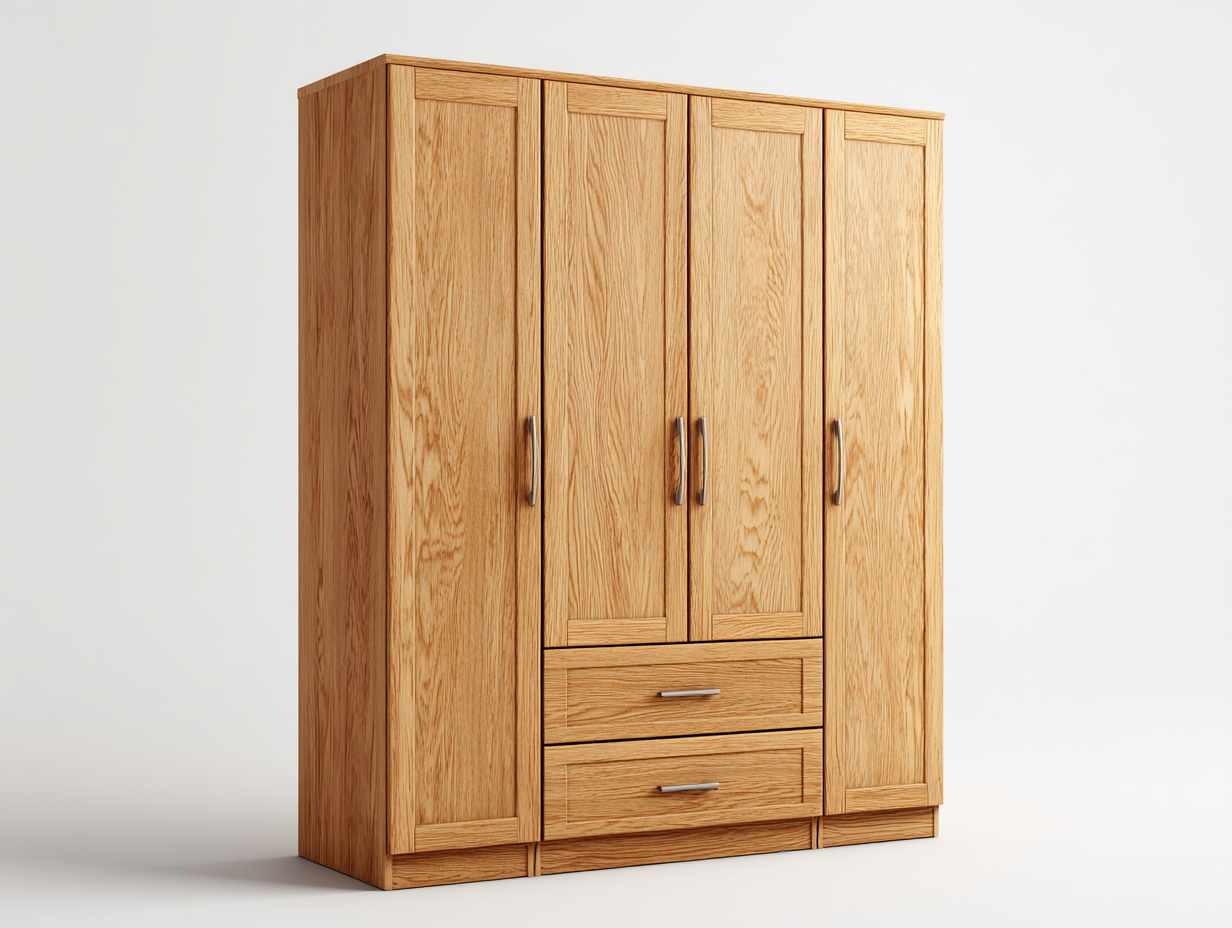 Armoire 4 portes en bois pour chambre 195x60x205 cm - bois naturel - design contemporain avec tiroirs et rangement intégré-Pineupyard