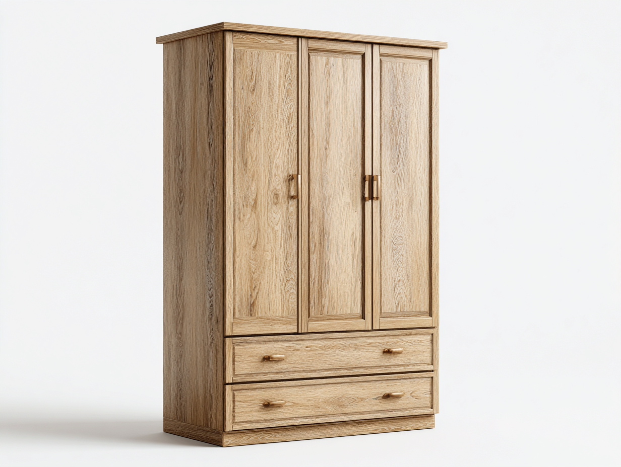 Armoire 3 portes en bois pour chambre 150x55x200 cm - bois clair - avec tiroirs et rangement intégré-Pineupyard