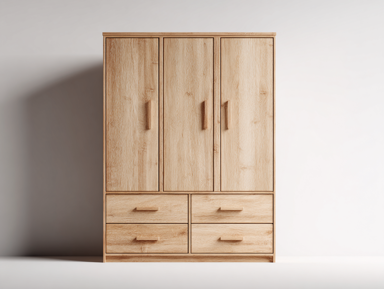 Armoire 3 portes en bois pour chambre 140x55x190 cm - bois clair - avec tiroirs et rangement intégré-Pineupyard