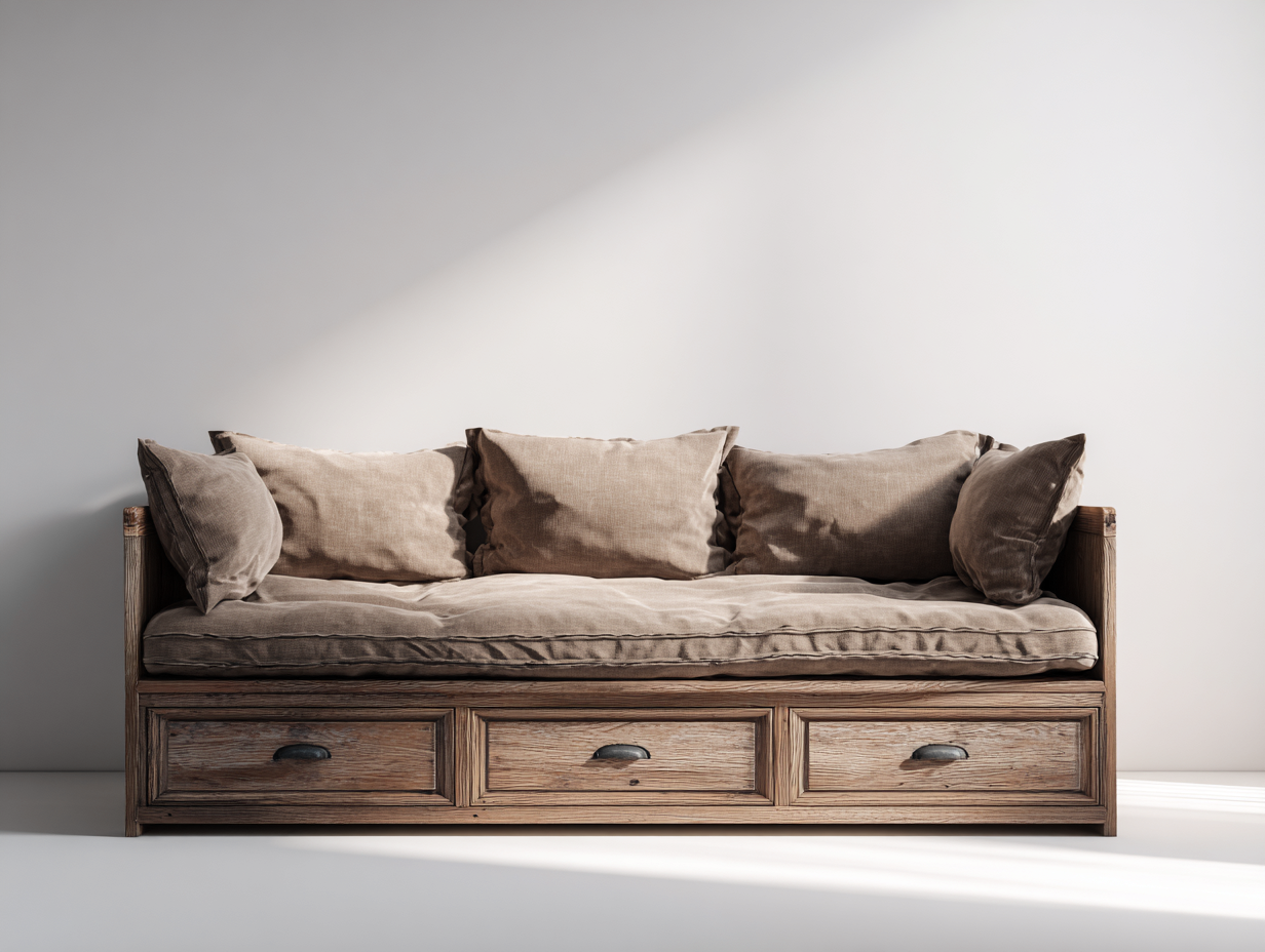 Canapé lit en bois et tissu pour chambre 200x90x75 cm - brun et beige - style rustique-Pineupyard