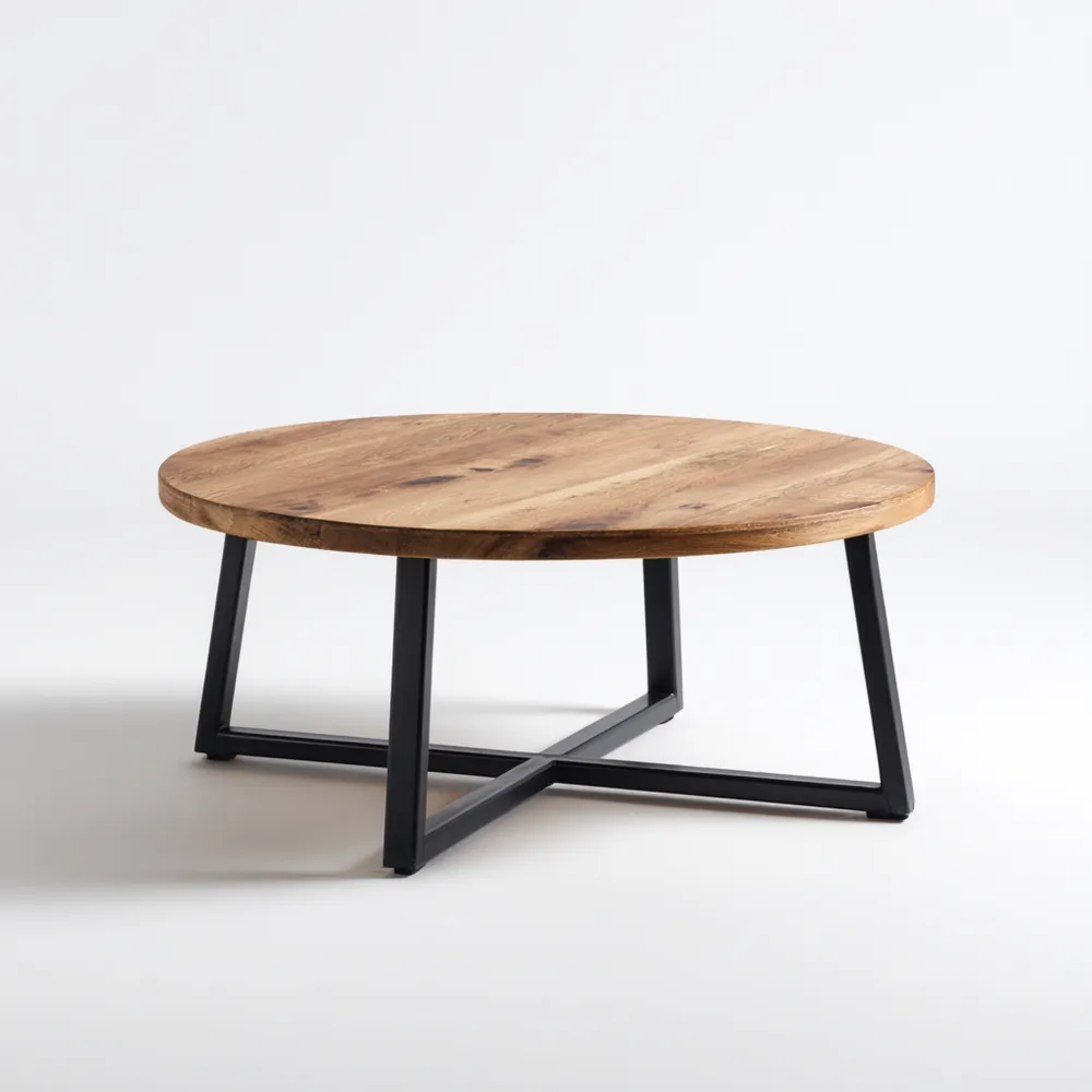 Table basse ronde en chêne effet Naturel - 90x90x45 cm – style industriel