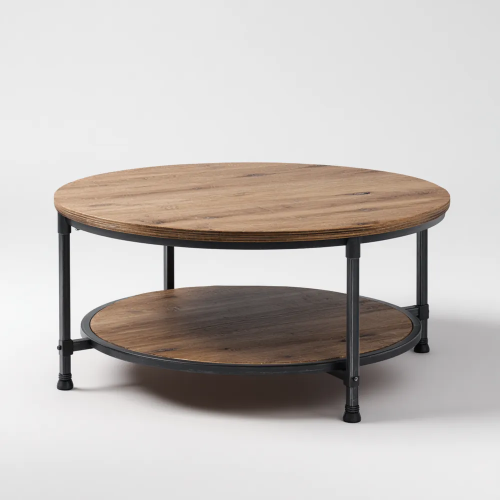 Table basse ronde Chêne/Noir 90x90x40 cm – Design industriel