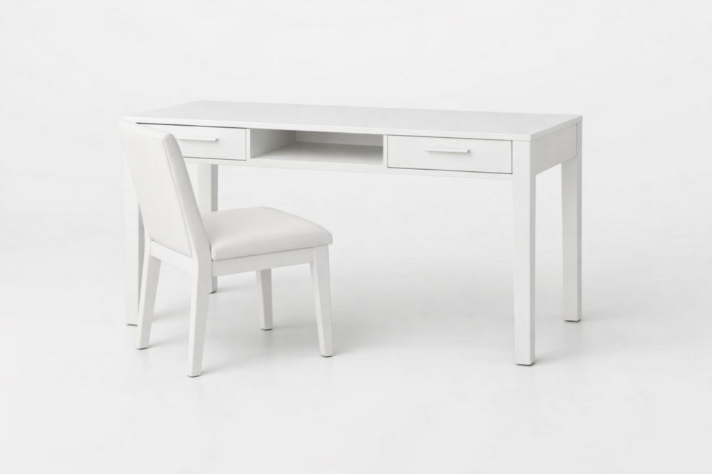 Bureau blanc en bois avec chaise rembourrée et tiroirs