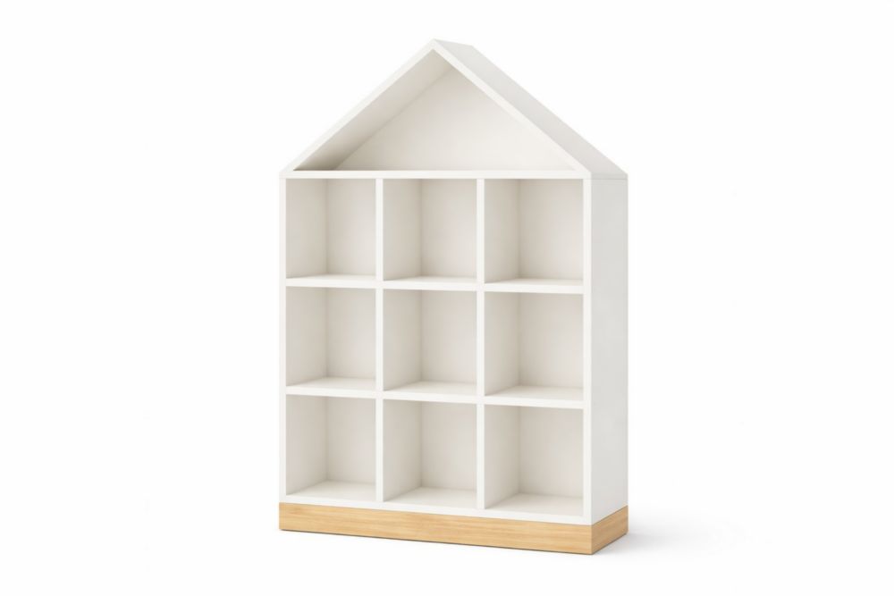 Étagère maison en MDF blanc avec socle bois, 9 compartiments