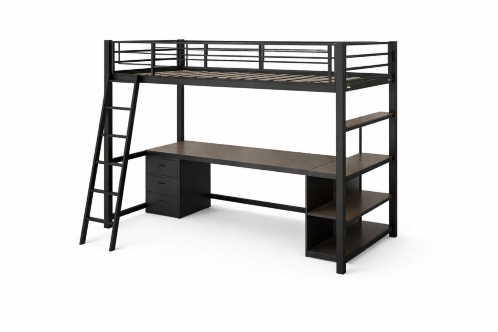 Lit Mezzanine Métal Noir avec Bureau et Étagères