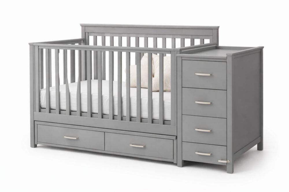 Lit bébé combiné en bois de pin avec tiroirs et table à langer