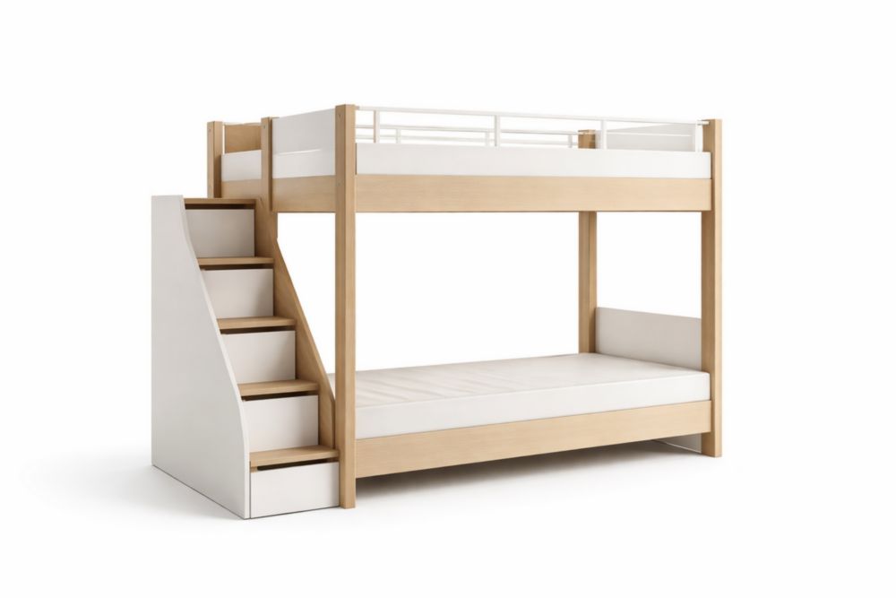 Lit superposé en bois et MDF avec escalier de rangement