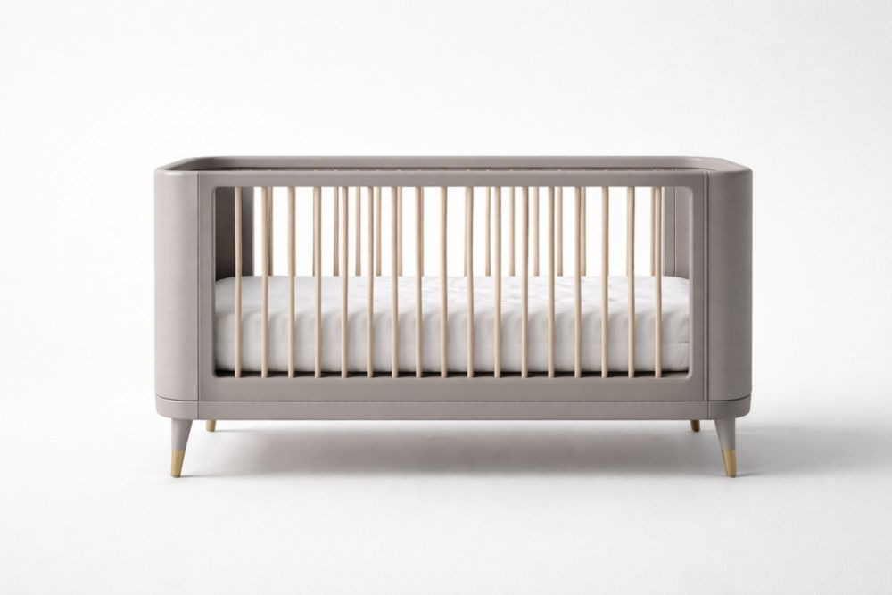 Lit bébé en bois avec barreaux, dimensions 130 x 70 x 80 cm, couleur Taupe