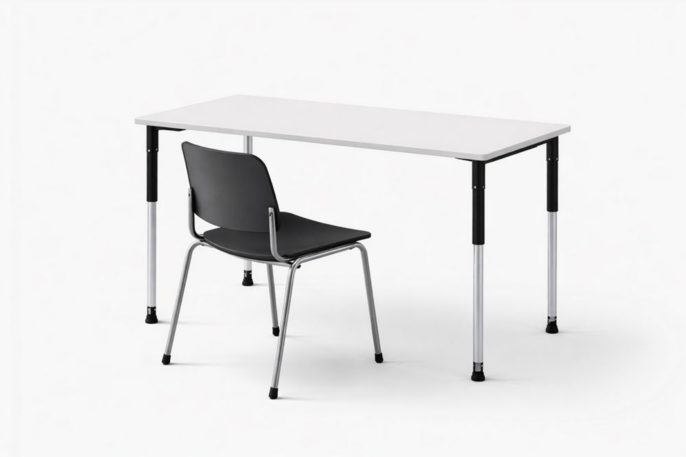 Table rectangulaire en bois blanc avec pieds en acier réglables et chaise en polypropylène noir