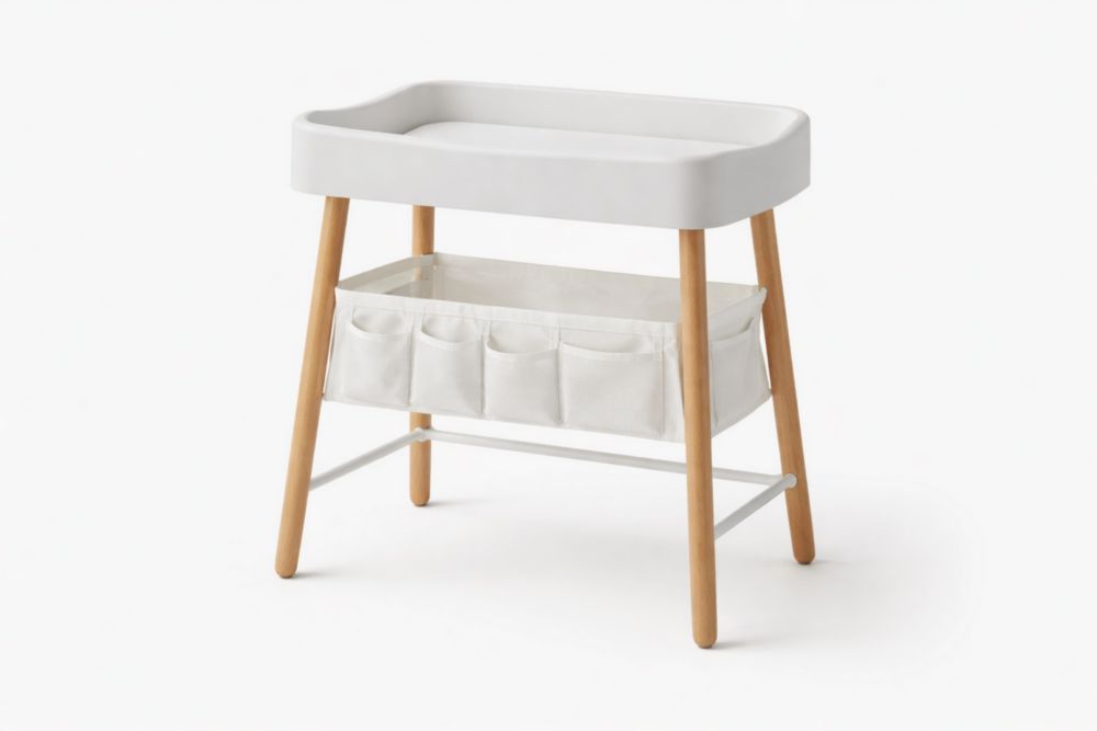 Table à langer en ABS avec pieds en hêtre et rangement en polyester blanc