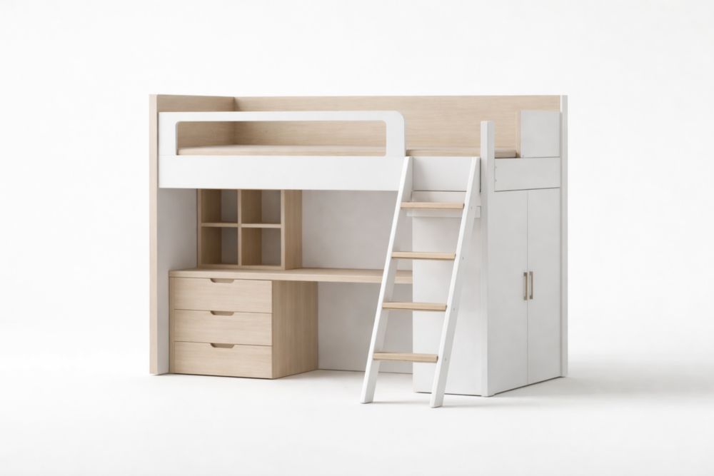 Lit mezzanine en bois MDF avec bureau et rangement 204x96x170 cm Blanc/Naturel