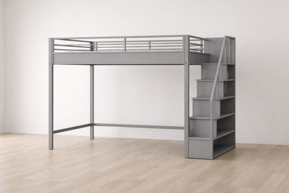 Lit mezzanine en métal avec rangement intégré Gris