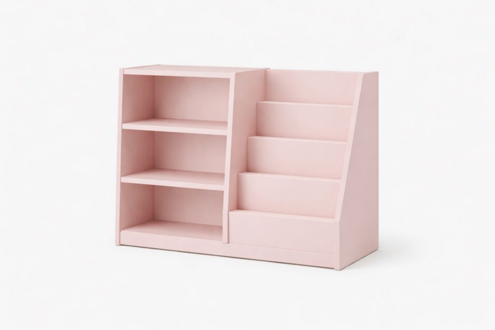 Bibliothèque enfant en bois MDF rose à 3 niveaux et 4 compartiments